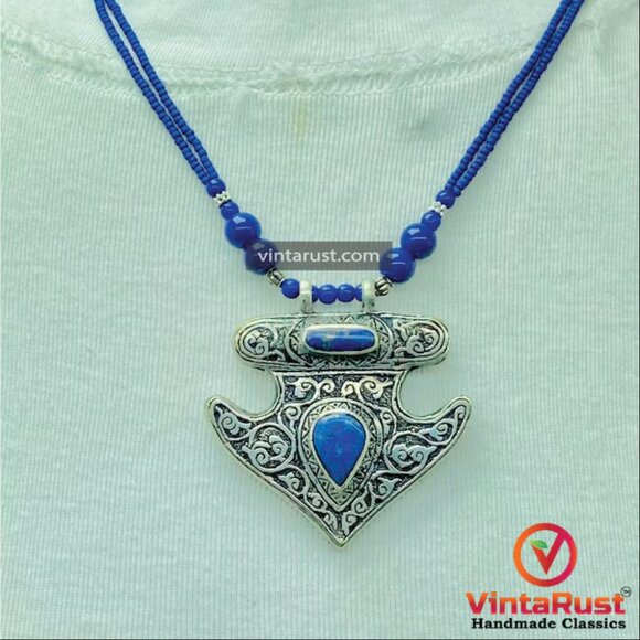 Handmade Lapis Lazuli Necklace, Tribal Beaded Chain Pendant Necklace, Gemstone - Picture 5 of 15